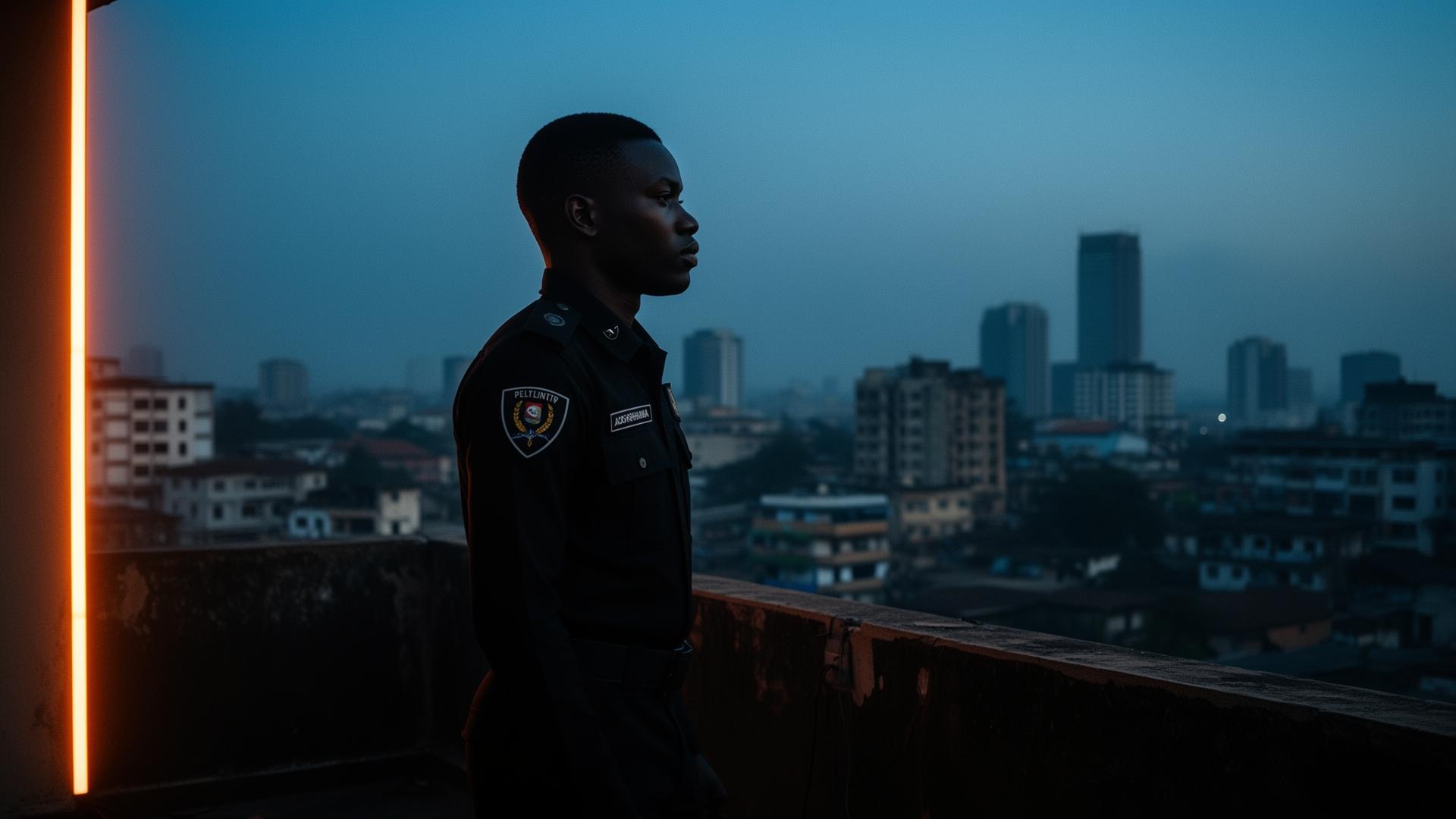 Offin security professional overlooking Accra at dusk